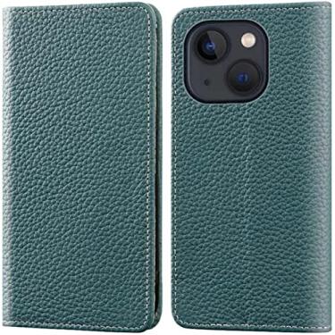 Imagem de BKUANE Litchi Pattern Flip Case para Apple iPhone 13 Mini (2021) 5,4 polegadas, carteira de couro magnética Folio Kickstand capa de telefone [porta-cartão] (Cor: ciano)