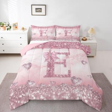 Imagem de Erosebridal Conjunto de cama com laço rosa, letra E, tamanho solteiro, com estampa kawaii, com laço, para crianças, meninos, meninas, mulheres, princesa, moderno, moderno, edredom