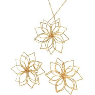 Imagem de Mermerland Conjunto de colar e brincos de flores trançadas multicamadas | Joias de liga galvanizada estilo euro-americano simplificadas | Acessório de moda dourado de 22 g