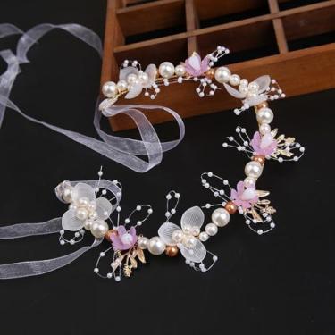 Imagem de Tiara feminina com design de coroa de flor roxa elegante, flor de pérola, folhas douradas, acessórios de cabelo para casamento, primeira comunhão