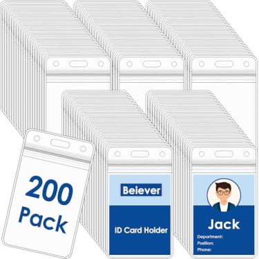 Imagem de Pacote com 200 porta-crachás verticais, porta-crachás de identificação de plástico transparente com zíper que pode ser fechado, à prova d'água, porta-cartões de identificação, crachá para cartão de
