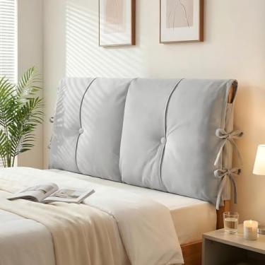 Imagem de Tegeme Capa de cabeceira com tiras de amarrar, capa completa, almofada de cabeceira para cama king queen size, cama de madeira com moldura de metal (cinza claro, 120 x 60 x 10 cm)
