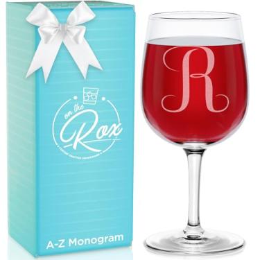 Imagem de Presentes de vinho monograma A-Z para mulheres - Taça de vinho personalizada gravada de 361 g - Presentes engraçados de monograma para amantes de vinho para mulheres - Conjunto exclusivo de taças de