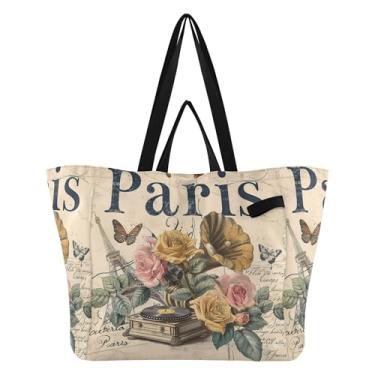 Imagem de SEHANY Sacola de compras reutilizável da Torre Eiffel de Paris com alças reforçadas, bolsa de compras de lona dobrável à prova d'água de grande capacidade para viagem, cozinha, praia