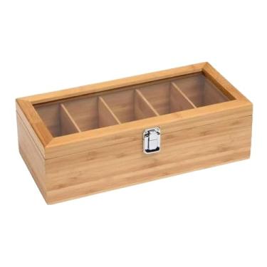 Imagem de ＫＬＫＣＭＳ Caixa organizadora de chá de madeira, portátil, com tampa transparente, para guardar sachês de chá, açúcar e outros itens em gavetas de cozinha e