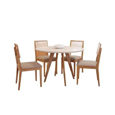 Imagem de Mesa Redonda de Vidro MDF e Madeira Maciça para Sala De Jantar Acerola 1,09 e 4 Cadeiras Palmas Madeira/Offwhite/Linho Bege