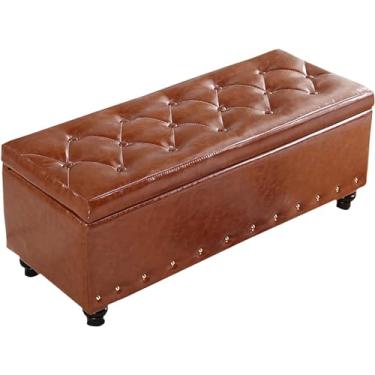Imagem de Banco tufado para quarto, banco de armazenamento com elevador retangular, banco otomano de armazenamento de couro sintético, baús modernos para sapatos de entrada para sala de estar - marrom 90 x 40 x