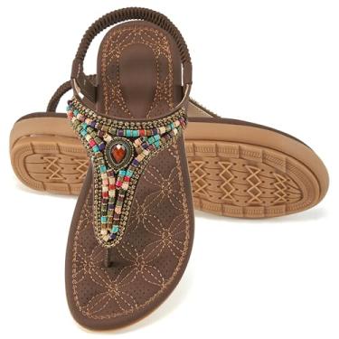 Imagem de Ecetana Sandálias femininas elegantes com contas boêmias, confortáveis, casuais, para o verão, sem cadarço, elástico, tanga, Café, 35