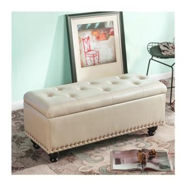 Imagem de Banqueta para quarto multifuncional para mudança de sapato longo, porta de entrada, sofá doméstico, retangular, cor sólida, porta de entrada, extremidade da cama, banco (bege, 60 cm)