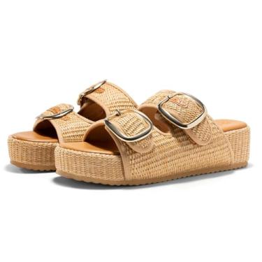 Imagem de Coutgo Sandálias femininas plataforma ráfia, alpargatas, duas faixas, bico aberto, sem cadarço, sapatos de férias na praia, Caqui, 36