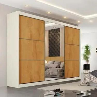 Imagem de Guarda Roupa Casal Com Espelho 3 Portas 6 Gavetas Vitoria Peroba Off W