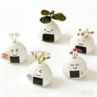 Imagem de Mini vaso de flores de cerâmica, vasos de bola de arroz onigiri japoneses feitos à mão para flores secas, lindos vasos de botão emoji para decoração de mesa de quarto, decoração exclusiva de