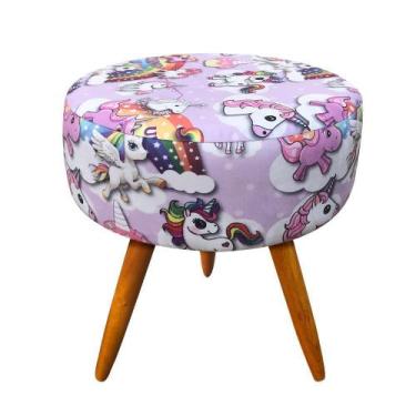 Imagem de Puff Banqueta Berlim Redondo Estampado Unicórnio Pés Castanho - D'Ross