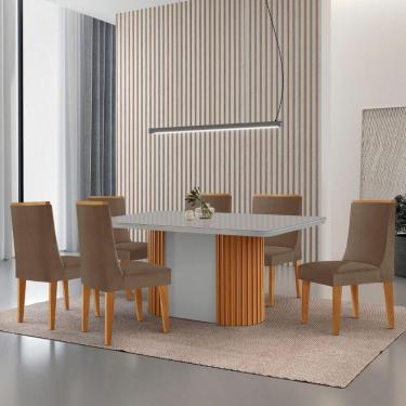 Imagem de Mesa De Jantar Aspen 180cm Tampo Mdf E Vidro 6 Cadeiras Lisboa Veludo Capuccino/nat/off/serig. Off