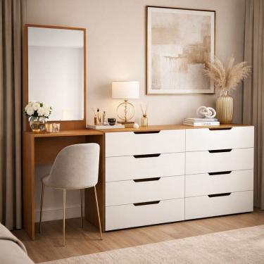 Imagem de Cômoda Penteadeira 8 Gavetas Madrid Branco/Freijó