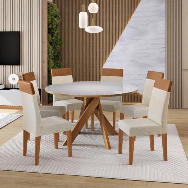Imagem de Conjunto Sala de Jantar Mesa 137cm com Tampo de Vidro Mônaco com 6 Cadeiras Paris Madetal - Mel/Nude/Bege