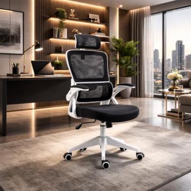 Imagem de Cadeira de Escritório Presidente Giratória Ergonômica, Com Design Moderno, Estofado Confortável, Apoio Lombar Ajustável, Base Reforçada, Rodízios Silenciosos e Ajuste De Altura (PRETO E BRANCO)