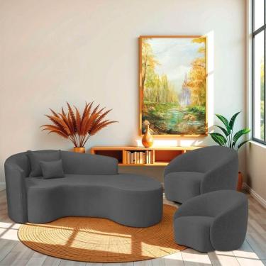 Imagem de Kit Recamier Curvo Sala De Estar Inglaterra 180cm Lado Direito E 2 Poltronas Orgânica Luxo Amore Linho Cinza Escuro