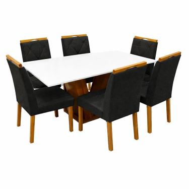 Imagem de Mesa de Jantar Classic 160x80cm com Vidro e 6 Cadeiras California em Veludo Estofadas Cel Móveis Cor Cinamomo Off White com Tecido Preto