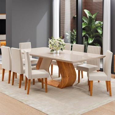 Imagem de Conjunto de Sala de Jantar 8 Lugares Retangular Tampo em Vidro e Mdf Renova Mel/Off White/Bege