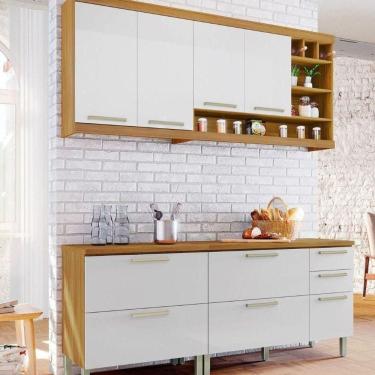 Imagem de Cozinha Modulada Burguesa MDF Com 4 Peças Marrom Freijó Branco