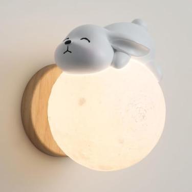 Imagem de Lâmpada De Parede Da Lua Resina Branca Rabbit Wall Scoe Modern Wood Wall Light Com Globo Pla Shade, Nordic Cute Bunny Wall Scoes Kids Room Luminária De Parede De Madeira Para Quarto De Cabe