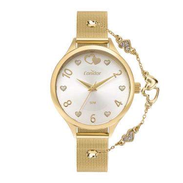 Imagem de Kit Relógio Feminino Condor Mimos e Sutilezas em Aço Dourado com Pulseira Brinco e Colar