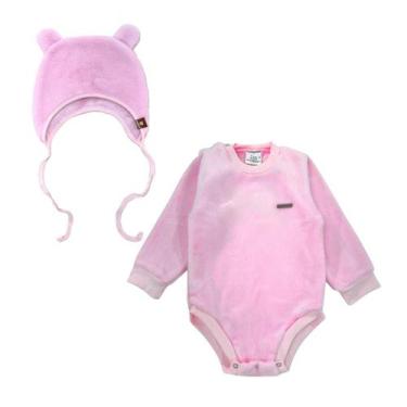 Imagem de Kit Body + Touca Fleece Peluciado Inverno Bebê Quentinho - M - Fofotin