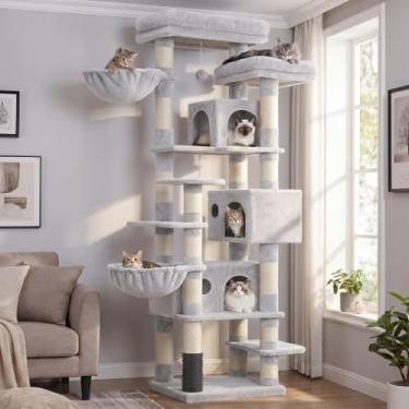 Imagem de Árvore para gatos Hey-brother MPJ035-MW, torre multinível XL grande de 188 cm para gatos internos com três condomínios para gatos, dois decks superiores grandes e escova de cabelo para gatinhos, gatos