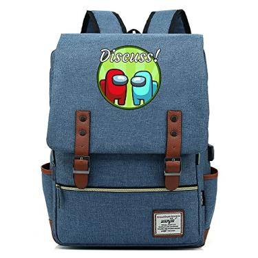 Imagem de Mochila retrô com estampa Among Space Game, mochila escolar retrô unissex (com USB), Azul claro, Large, Clássico