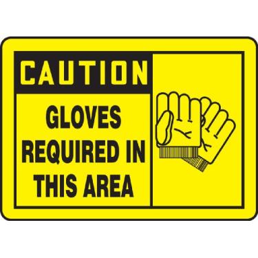 Imagem de Placa Accuform MPPE783VS Legend, "Luvas de cuidado necessárias nesta área", 25,4 cm de comprimento x 35,5 cm de largura x 0,0 cm de espessura, vinil adesivo, 25,4 cm x 35,5 cm, preto sobre amarelo