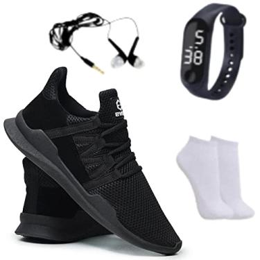 Imagem de Tênis Caminhada Corrida Leve Macio Confortável Academia Fitness + Relógio + Meia + Fone - Black - 37