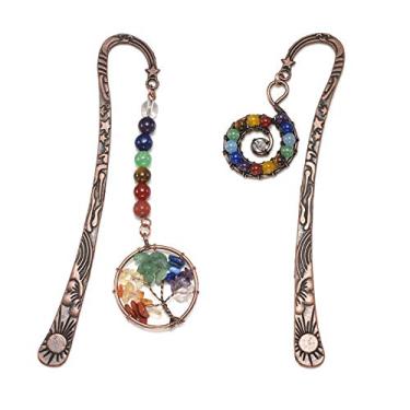 Imagem de Marcador de livro de contas de cobre com anqitue da JOVIVI com 7 cristais de cura feitos à mão Árvore da Vida com pedras preciosas tropeçadas/contas redondas, 2: Mixed 2pcs