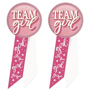 Imagem de Beistle 2 peças Rosetas Wearable Team Girl Botões para decoração de chá de bebê, lembranças de festa de gênero, 14 x 5 cm, Rosa/Branco