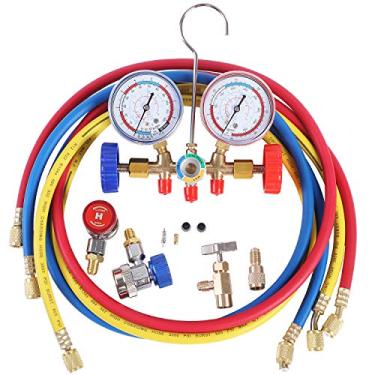 Imagem de JIFETOR Conjunto de medidor coletor CA de 3 vias, ferramenta de carregamento Freon de diagnóstico HVAC para refrigerador doméstico R12 R22 R404A R134A com mangueira de 1,8 m, acoplador rápido ajustável, pode tocar e adaptador Acme