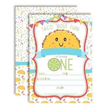 Imagem de Convites para festa de primeiro aniversário temáticos Taco 'Bout, 20 cartões de 12,7 cm x 17,7 cm com vinte envelopes brancos da AmandaCreation