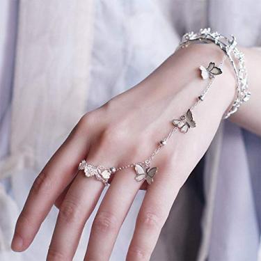 Imagem de YERTTER Bracelete com corrente de borboleta estilo chinês clássico, pulseira vazada rosa aberta joia de mão para meninas adolescentes