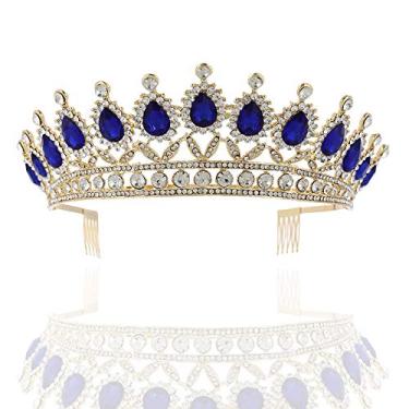 Imagem de Tiara de cristal de noiva feita com anjos, princesa rubi safira, coroa de esmeralda, strass, casamento, festa, madrinha, acessórios de cabelo para mulheres e meninas, Gold(Sapphire)