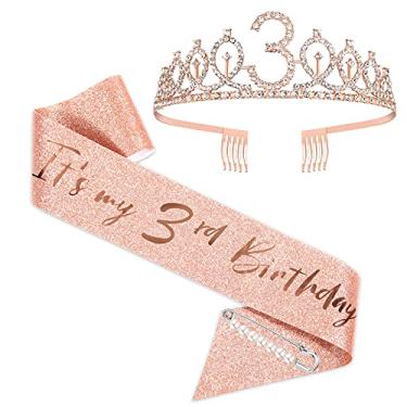 Imagem de Faixa e Tiara de aniversário de 3 anos para meninas, coroa de aniversário em ouro rosa 3 e faixa fabulosa para meninas, presentes de 3 anos para lembrancinhas de festa de aniversário de 3 anos
