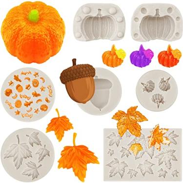 Imagem de 6 peças de abóbora folhas de bordo molde fondant Halloween folhas de bordo molde de silicone 3D abóbora vela epóxi tema de ação de graças molde de silicone para fazer cupcake, chocolate, biscoito, fondant decoração de bolo