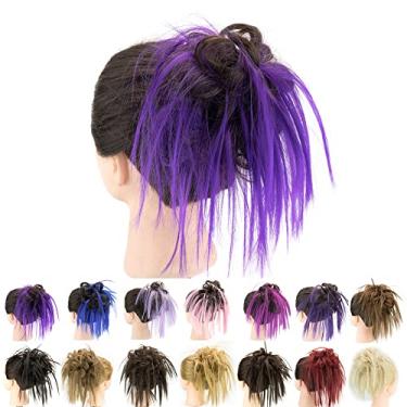 Imagem de IMISSU 2PCS Pedaço de cabelo bagunçado coque updo scrunchies falsos extensões de cabelo ondulado encaracolado faixa de cabeça rabo de cavalo chignon (2PCS Violeta Marrom)