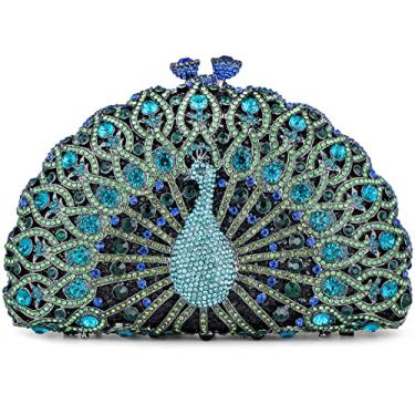 Imagem de Bolsa clutch feminina de luxo de pavão com strass de cristal para noite e festa de casamento, Preto/Verde, Large