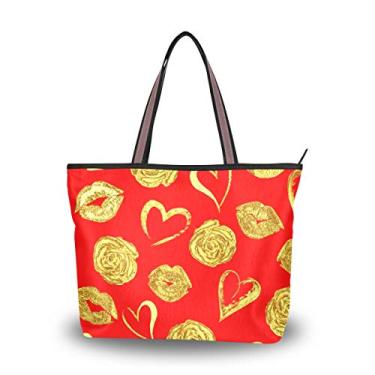 Imagem de Bolsa tote com alça superior, estampa dourada, lábios, rosas e corações, bolsa de ombro para mulheres, Multicolorido., Medium