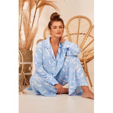 Imagem de Conjunto Pijama Com Camisa E Calça Azul Estampado Yacamim