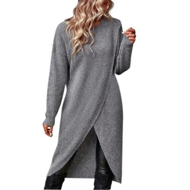 Imagem de Vestido feminino outono inverno cor sólida gola redonda manga longa tricotada fundo quente vestido suéter, Cinza, P