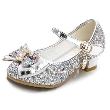 Imagem de Sapatos Cadidi Dinos para meninas sapatos de festa de casamento Salto Mary Jane Princesa Sapatos de flores (Bebê/Criança pequena/Criança grande), Silver/B1, 12 Little Kid