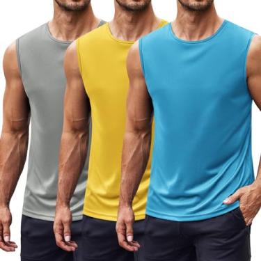 Imagem de COOFANDY Pacote com 2 camisetas masculinas regatas de treino FPS 50+ secagem rápida sem mangas para natação academia musculosa verão praia camisetas, Cinza-claro/amarelo/azul claro, GG