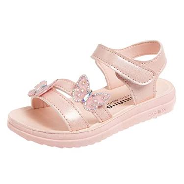 Imagem de CsgrFagr Sandálias infantis para bebês meninas borboleta diamante couro PU macio aberto dedo do pé sandálias de verão princesa sapatos rasos, rosa, 3.5 Big Kid