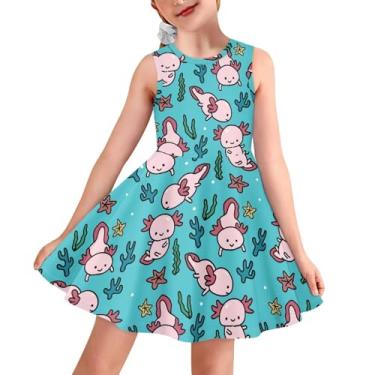 Imagem de Sprowallow Vestido feminino sem mangas de verão com gola redonda estampado para crianças regata vestidos florais na moda, Axolotl fofo, 11-12 Anos