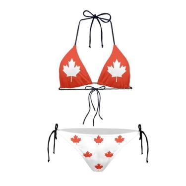 Imagem de Spowatriy Biquíni feminino triangular, duas peças, com cadarço, frente única, sexy, floral, cordão e cintura alta, Bandeira canadense, XXG